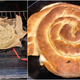 Left: The pizza baking in the cast iron pan in the oven. Right: the result.